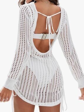 🩷WHITE SEXY SWIM COVER UP KNIT LONG SLEEVE MINI DRESS BACKLESS SIZE MEDIUM TREND